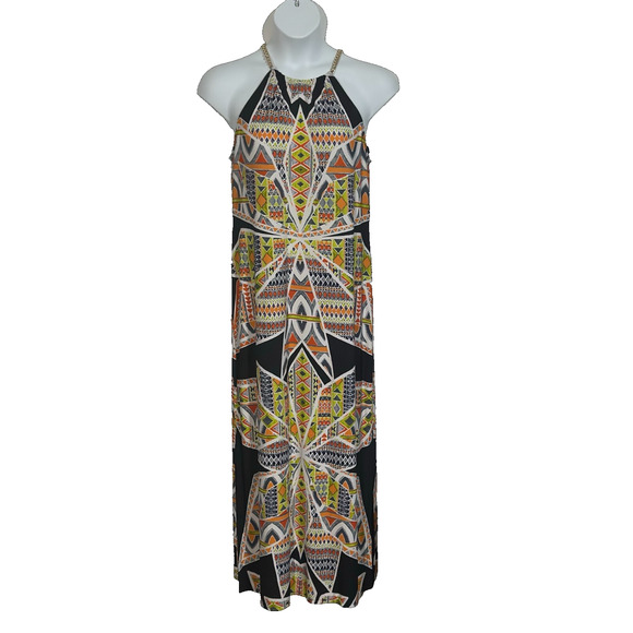 Women's size 14 gold chain multi colored halter top long dress with slits - Picture 1 of 4